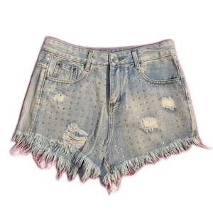 Light Wash Distressed Denim Shorts with rhinestone Studs and Frayed Hem